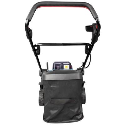 Achteraanzicht van een grasmaaier met accupakket en opvangbak. Het handvat is gedempt en ergonomisch ontworpen.
