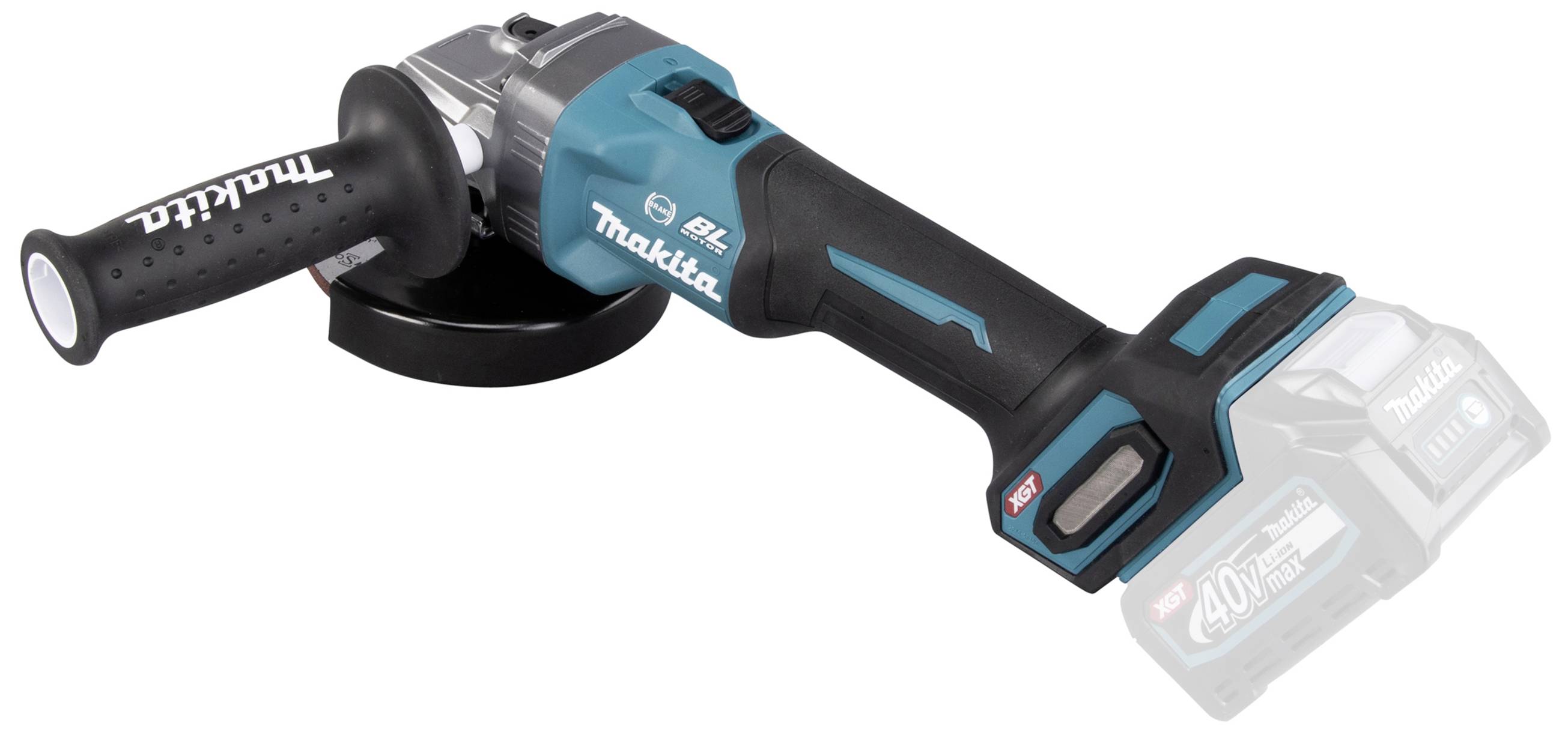 Let op: Op deze afbeelding staat een draadloze haakse slijper met een blauw-zwart ontwerp en een comfortabele handgreep.