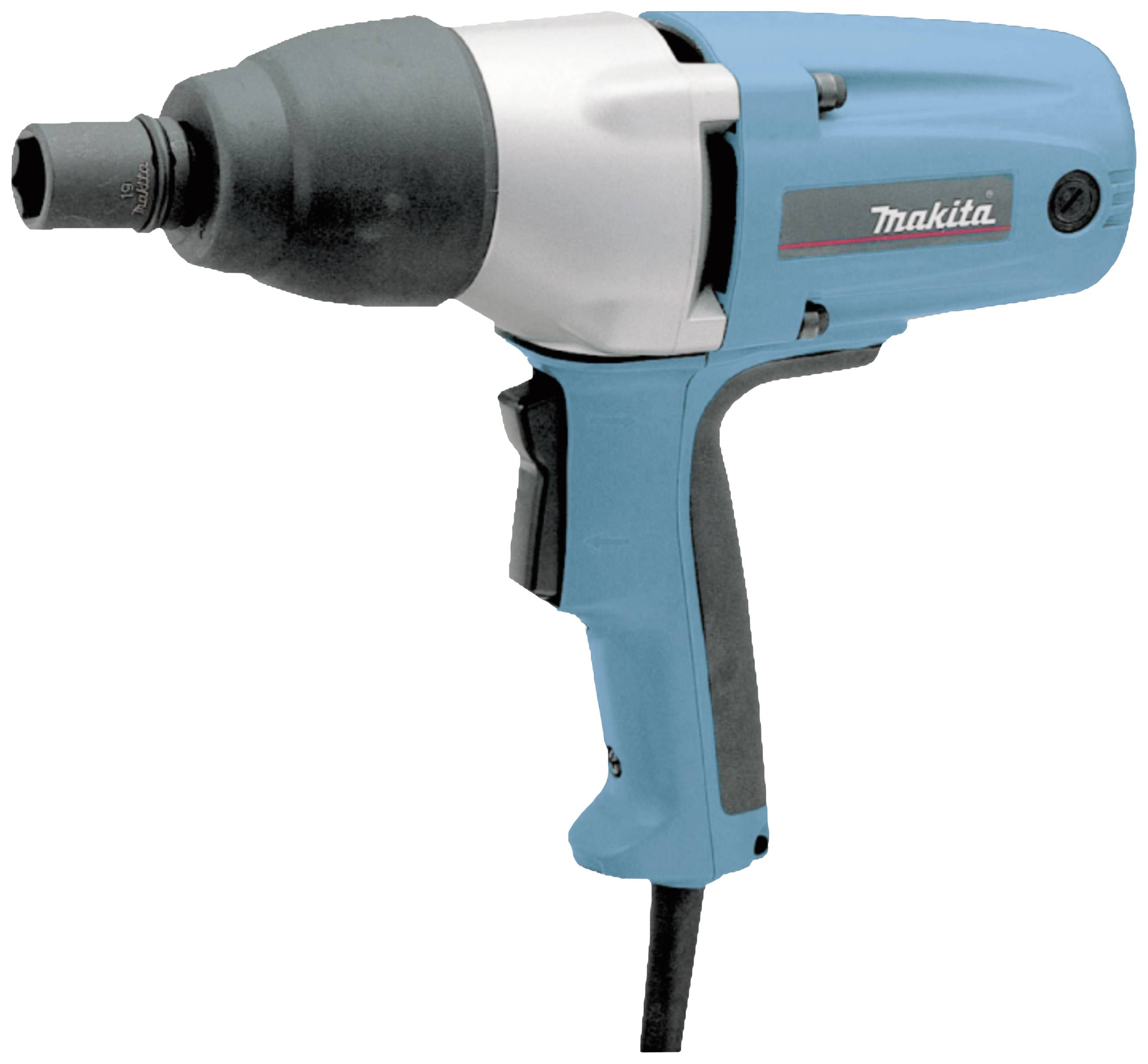 Een blauwe en zwarte elektrische slagschroevendraaier van het merk Makita met een ergonomische handgreep, geschikt voor werkplaatswerkzaamheden.