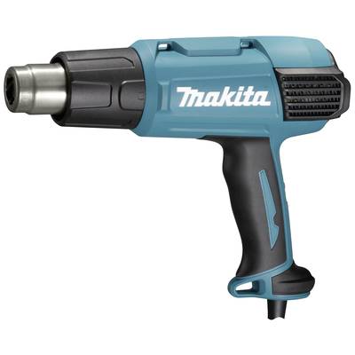 Een blauw-zwarte föhn met warmtelucht, voorzien van handgreep en mondstuk; model van een bekende fabrikant; geschikt voor doe-het-zelf werkzaamheden.