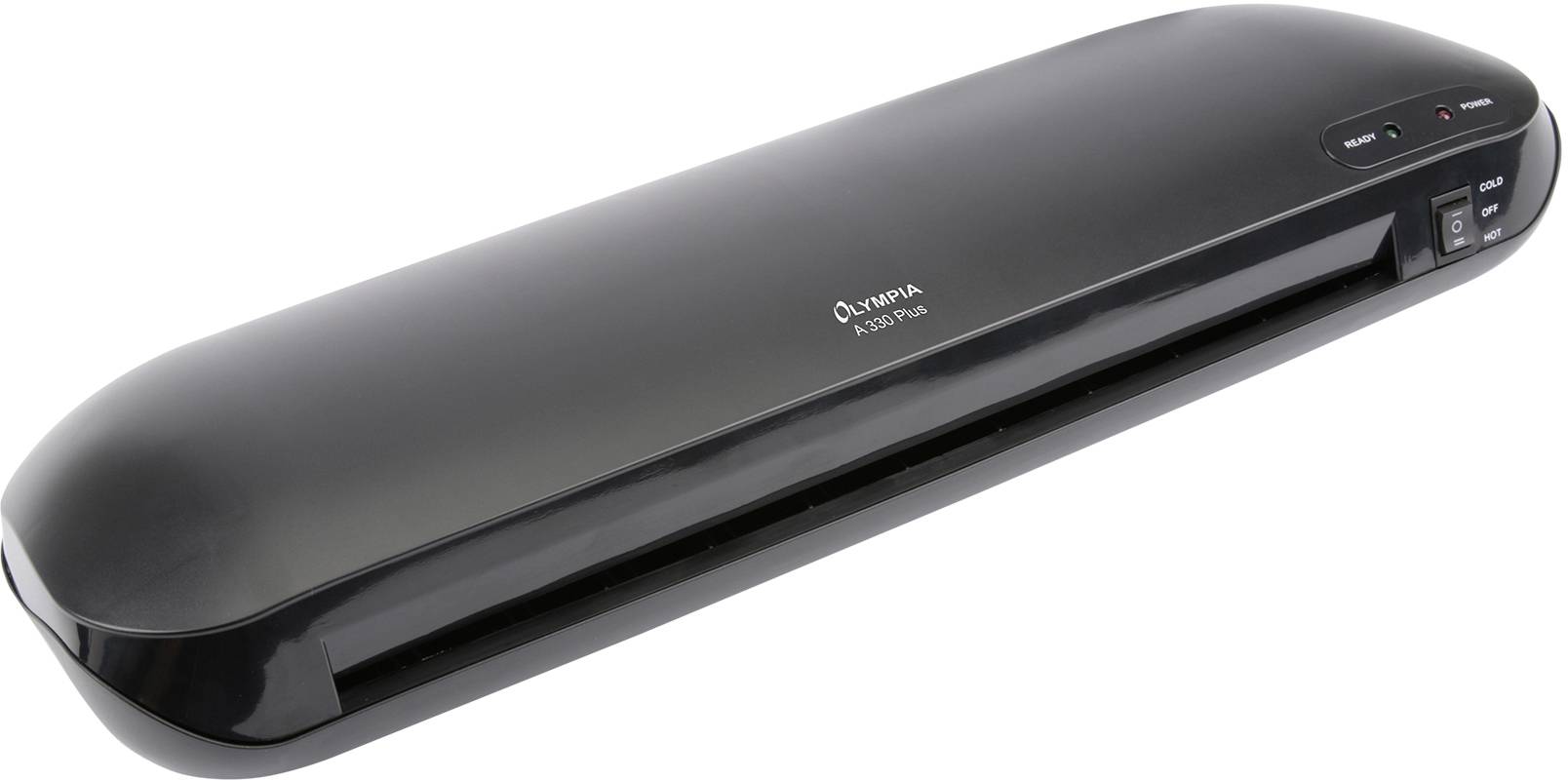 Zwart plastic lamineerapparaat van het merk Olympia, model A 230 Plus, met aan-/uitschakelaar en bedrijfslamp aan de rechterkant.