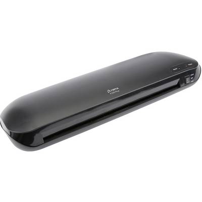 Zwart plastic lamineerapparaat van het merk Olympia, model A 230 Plus, met aan-/uitschakelaar en bedrijfslamp aan de rechterkant.
