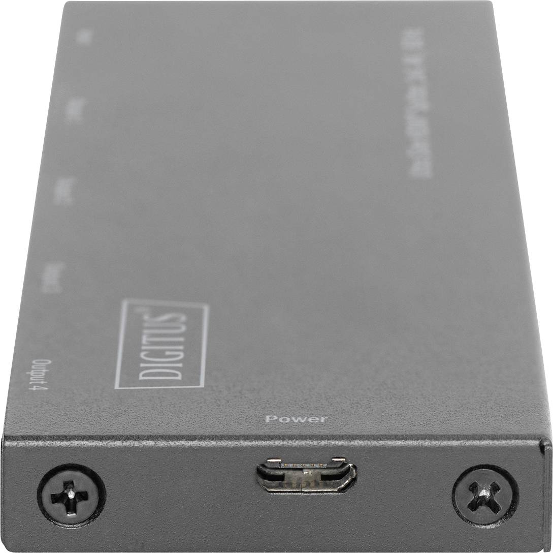 Zwart elektronisch apparaat met een Micro-USB-aansluiting en de opdruk 'DIGITUS' aan de bovenkant.
