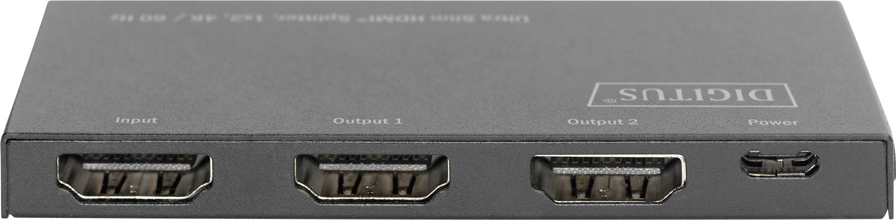 Grijs-zwarte HDMI-splitter met drie uitgangen en één ingang. Markering 'Digitus' aan de bovenkant.