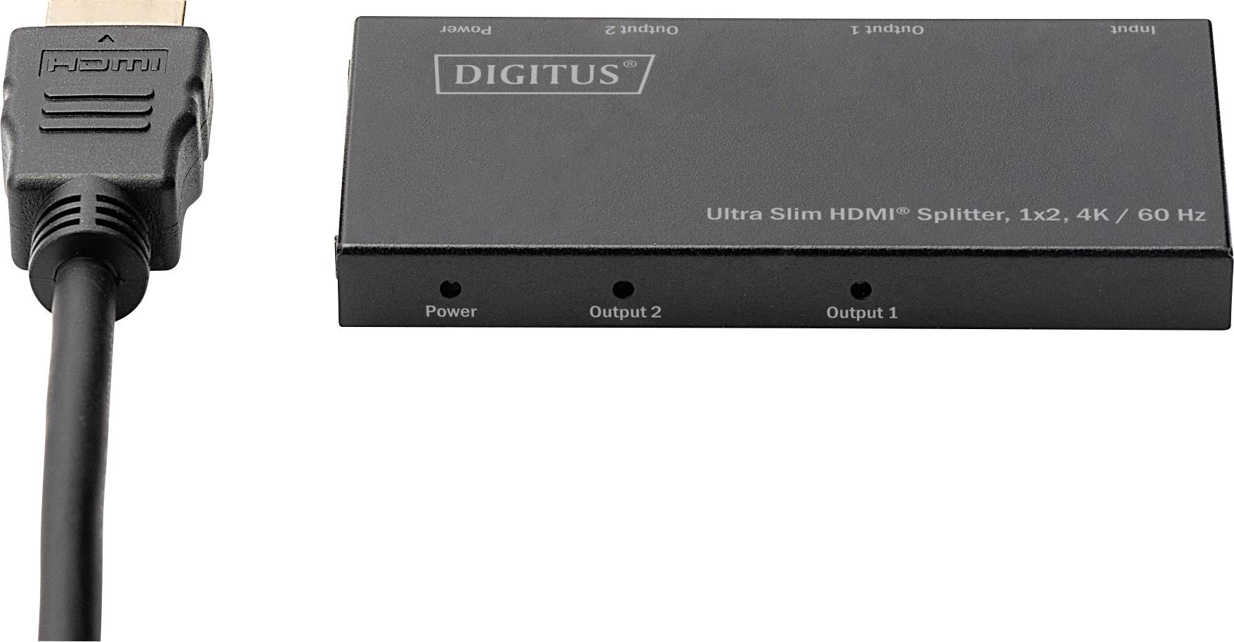 'Ultra Slanke HDMI Splitter, 1x2, 4K/60Hz' met HDMI-kabel. Aansluiting voor twee uitgangen. Zwart, rechthoekig apparaat met power- en output-indicatoren.
