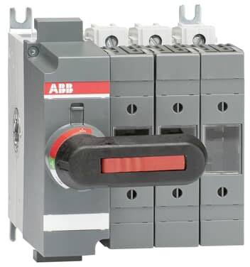 Een grijze schakelaar van ABB met een rode hendel toont de "Aan"-positie. Hij is ontworpen voor het besturen van elektrische schakelingen.