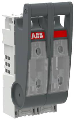Dubbele isolatieschakelaar in kunststof behuizing, met rode ABB-markeringen, voor elektrische installaties.