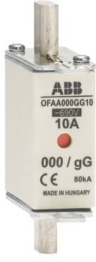 'Zekering van ABB, type OFAA000GG10, 690V, 10A, 80kA. Vervaardigd in Hongarije, CE-gecertificeerd.'