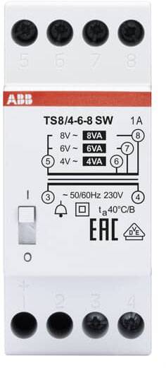 'ABB TS8/4-6-8 SW' tijdschakelklok met spanningsinstellingen 4V, 6V, 8V, 1A bij 230V, 50/60Hz. Symbool en opschriften op wit behuizing.
