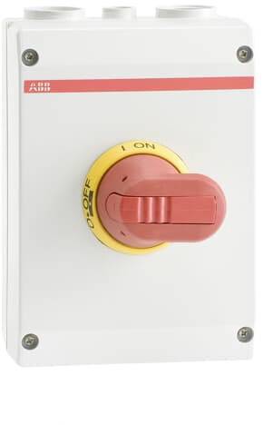 Een rode hoofdschakelaar op een behuizing van wit met een gele voet, toont 'AAN' en 'UIT'. De schakelaar staat op 'UIT'.