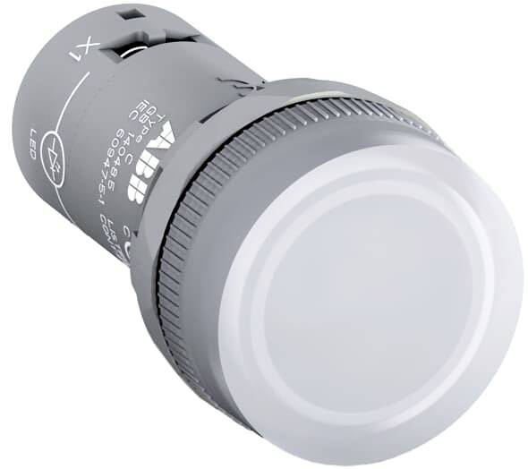 Een grijze industriële drukknop met LED-indicatie, geschikt voor machinebediening, met duidelijke aansluitmarkeringen.