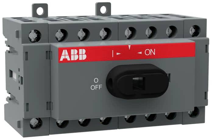 Een grijze ABB-schakelaar met 'AAN' en 'UIT'-aanduidingen, met daaronder een zwarte bedieningshendel, wordt gebruikt voor het besturen van elektrische apparaten.
