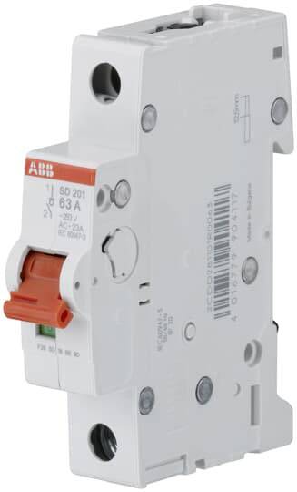 Eenpolige installatieautomaat met rode hendel, nominale stroom 63A, merk ABB. Gebruikt voor de beveiliging van elektrische stroomkringen.