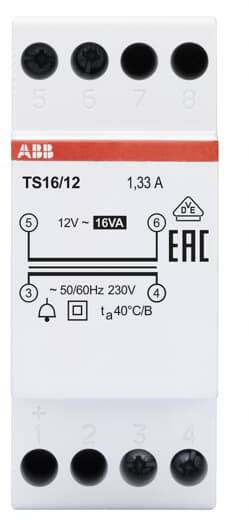 Een elektrisch apparaat van het merk ABB met modelnummer TS16/12, voorzien van specificaties: 12V-16VA, 1,33A, 50/60Hz, 230V.