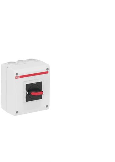 Een witte elektrische industriële stekker met een rode schakelaar aan de voorkant, gemonteerd in een witte behuizing.