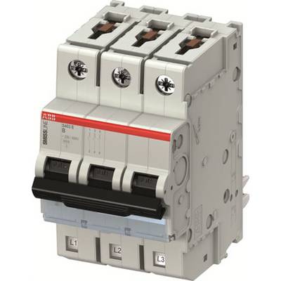 Een driepolige vermogensschakelaar van ABB voor elektrische installatie, gemarkeerd met de schakelaars L1, L2 en L3.