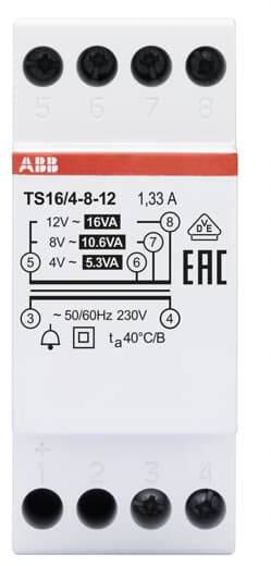 Elektrisch onderdeel, ABB TS16/4-8-12. Toont aansluitingsdiagram en technische specificaties, zoals stroomsterkte (1,33 A) en vermogen (16VA, 10,6VA, 5,3VA) bij verschillende spanningen.