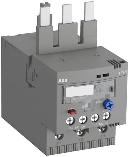 Een grijze ABB motorbeveiliging van het type TF65 met bedieningselementen voor het sturen van elektromotoren.