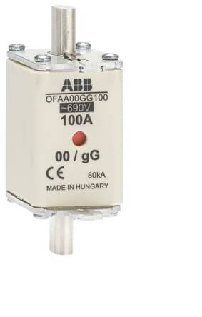 'ABB zekering OFAA000GG100, nominale spanning 690V, nominale stroom 100A, uitschakelklasse gG, gekeurd conform CE, gefabriceerd in Hongarije.'