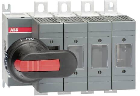 'Grijze ABB-installatieautomaat met vier zekeringselementen, rode hendel in 'UIT'-positie. Industriële toepassing.'