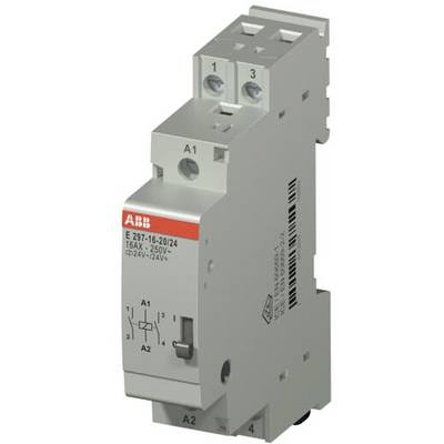 ABB Relaismodule E 297-16-20/24, geschikt voor 250V, 16AX belastingsstroom. Bevat schakelcontacten A1, A2, 1, 2, 3.