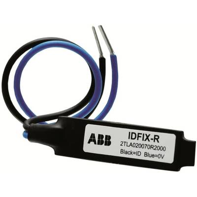 Elektronische component met de aanduiding 'IDFIX-R' en het ABB-logo, twee kabelaansluitingen in zwart en blauw, technische specificaties vermeld.