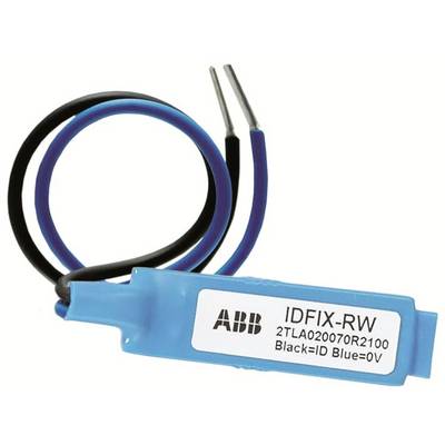 ABB IDFIX-RW Sensor met blauwe en zwarte kabels. Opschrift: 'IDFIX-RW 2TLA020070R2100 Zwart=ID Blauw=0V'.