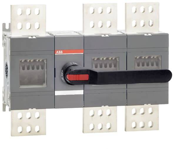 Driepolige lastscheidingsschakelaar met een lange zwarte hendel en meerdere bevestigde metalen platen.