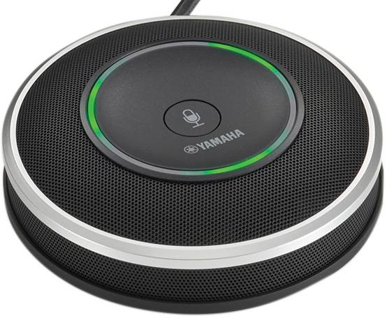 Een rond vergadermicrofoon met LED-lichtring en microfoon-symbool in het midden, geschikt voor vergaderingen en videogesprekken.