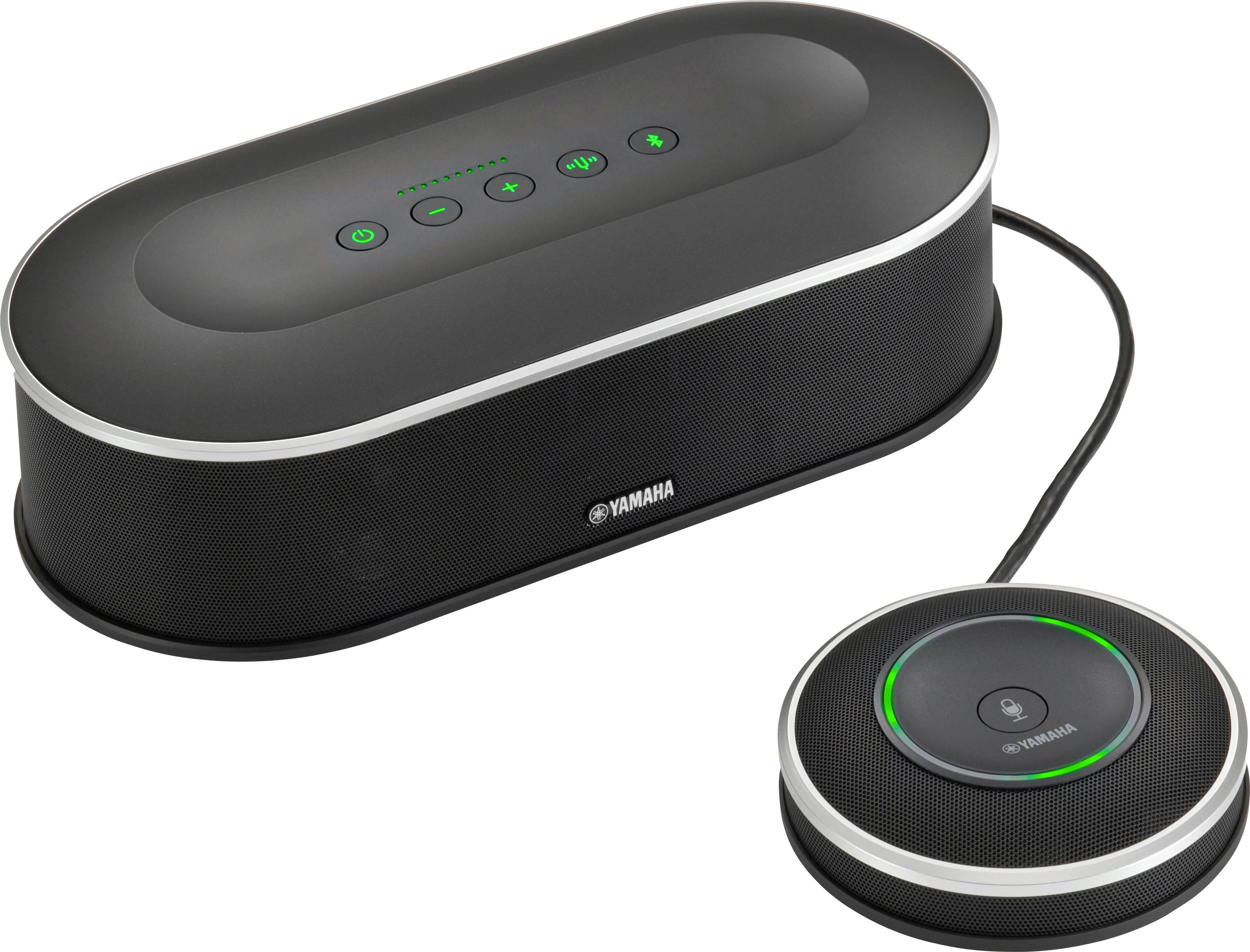 Conferentieluidspreker met rond, verbonden microfoon. Zwart ontwerp met groene LED-lichtring op de microfoon. Getoond op een tafel.