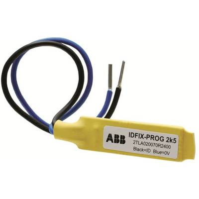 Elektronisch onderdeel met gele behuizing en kabels; daarop de tekst 'IDFIX-PROG 2k5, 2TLA020070R2400, Zwart=ID, Blauw=0V'.