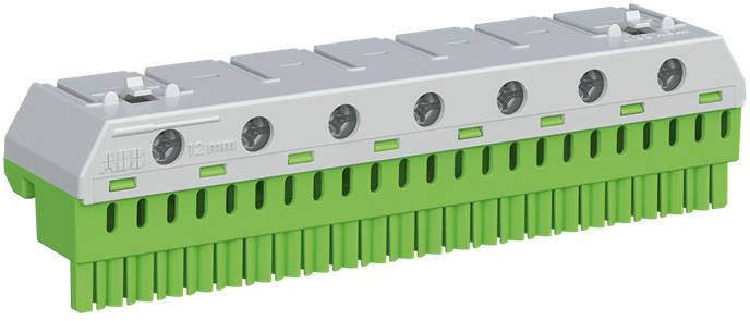 Een groene en witte stekker met meerdere aansluitingen en afdekkappen, mogelijk bedoeld voor gebruik in de elektronica.