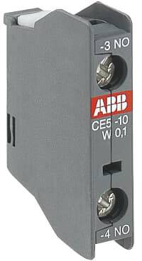 Rechthoekige grijze bouwsteen met het logo 'ABB' en de specificaties 'CE5-10 W0,1'. Boven en onder zijn schroefaansluitingen zichtbaar.
