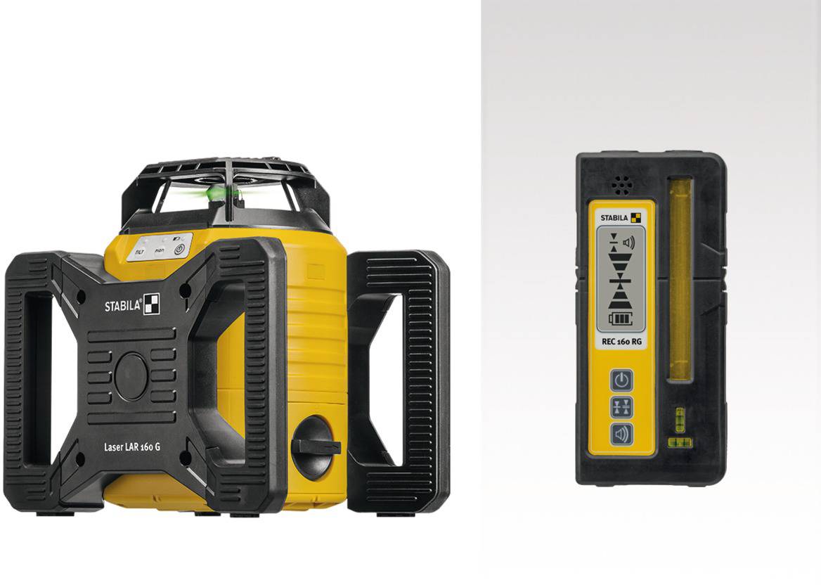 'STABILA Laser LAR 160' en 'REC 160 RG' laserdetector. Twee geel-zwarte toestellen voor nauwkeurige metingen in bouw- en landschapsprojecten.