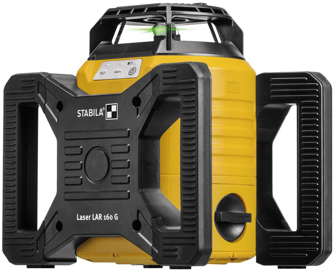 Een gele bouwlaser met zwarte handgrepen en het opschrift 'STABILA Laser LAR 160 G', bedoeld voor nauwkeurige uitlijning op bouwplaatsen.