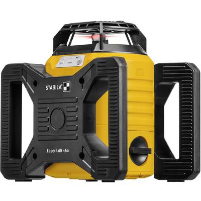 Een gele laser-waterpas van het model 'Stabila LAR 160' met zwarte handgrepen, gebruikt voor nauwkeurige metingen en uitlijningen.