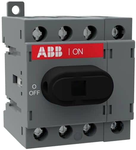 Een grijze elektrische schakelaar van het merk ABB met rode opdruk 'ON' en markering voor 'OFF', geschikt voor het bedienen van elektrische circuits.