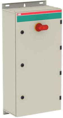 Een grijze elektrische schakelkast met een grote rode schakelaar in het midden. Links bovenaan is een logo zichtbaar.