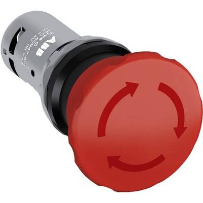 Een grote rode noodstopknop met pijlsymbolen geeft een draairichting aan. De knop is bedoeld voor noodgebruik om de machine uit te schakelen.