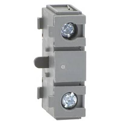 Grijze elektrische aansluitblok met twee schroeven voor het bevestigen van draden. Geschikt voor montage op een DIN-rail.