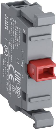 Grijze beschermingsschakelaar met rode schakelaar en technische gegevens aan de zijkant; dient voor het besturen van elektrische circuits.
