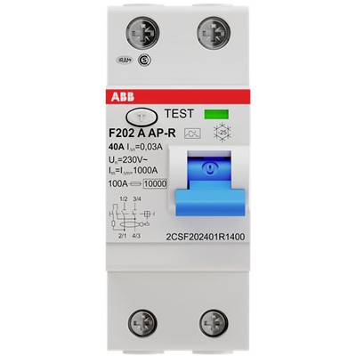 Een tweepools aardlekschakelaar van ABB met een blauwe schakelaar, getest bij 40A en 230V.