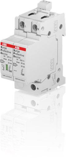 'Overspanningsbeveiligingsapparaat van ABB met twee polen, gemarkeerd met L en N, geschikt voor 275 V AC en 30 kA. Wit beschermingstoestel.'