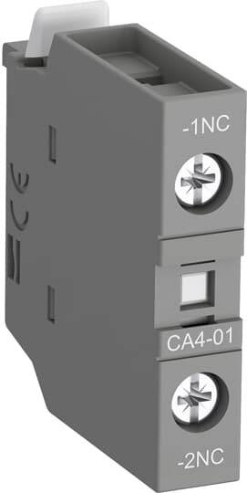 Afbeelding van een grijze elektrische schakelaar met de aanduiding '-1NC' en 'CA4-01' op de bovenste schroef en '-2NC' op de onderste schroef.