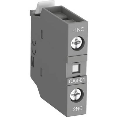 Afbeelding van een grijze elektrische schakelaar met de aanduiding '-1NC' en 'CA4-01' op de bovenste schroef en '-2NC' op de onderste schroef.