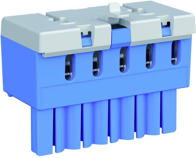 Blauwe en grijze kunststof stekker met meerdere contactpunten en vergrendelingselement. Wordt gebruikt voor elektrische verbindingen.