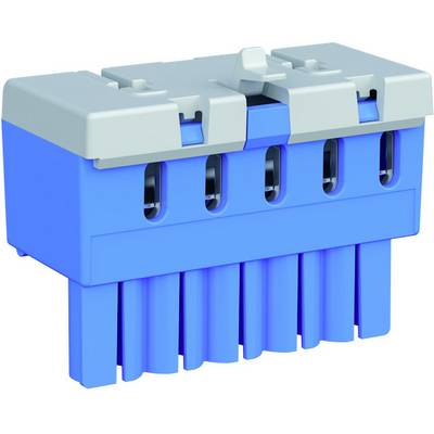Blauwe en grijze kunststof stekker met meerdere contactpunten en vergrendelingselement. Wordt gebruikt voor elektrische verbindingen.