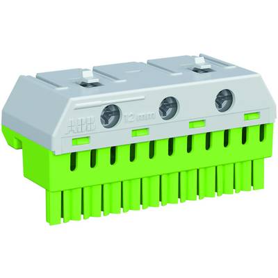 Groen-grijze elektrische connector met meerdere aansluitingen en de opdruk 'ABB 12 mm'.