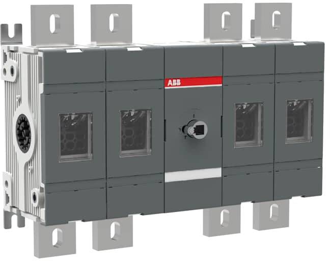 Een grijze elektrische vermogensschakelaar met een rood logo, waarbij meerdere aansluitklemmen en een centrale schakelaar zichtbaar zijn.