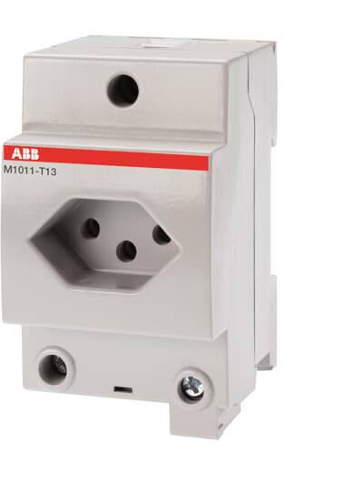 Een grijze elektrische beveiligingsschakelaar van het merk ABB, model M1011-T13, in een rechthoekige behuizing met twee bevestigingsgaten.